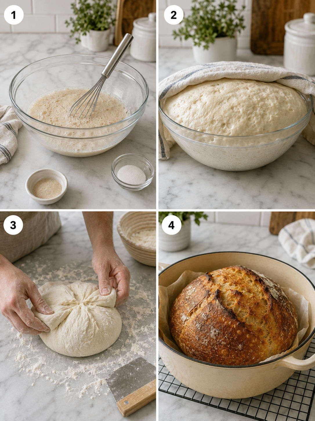 Four steps for mixing, rising, shaping, and baking crusty bread