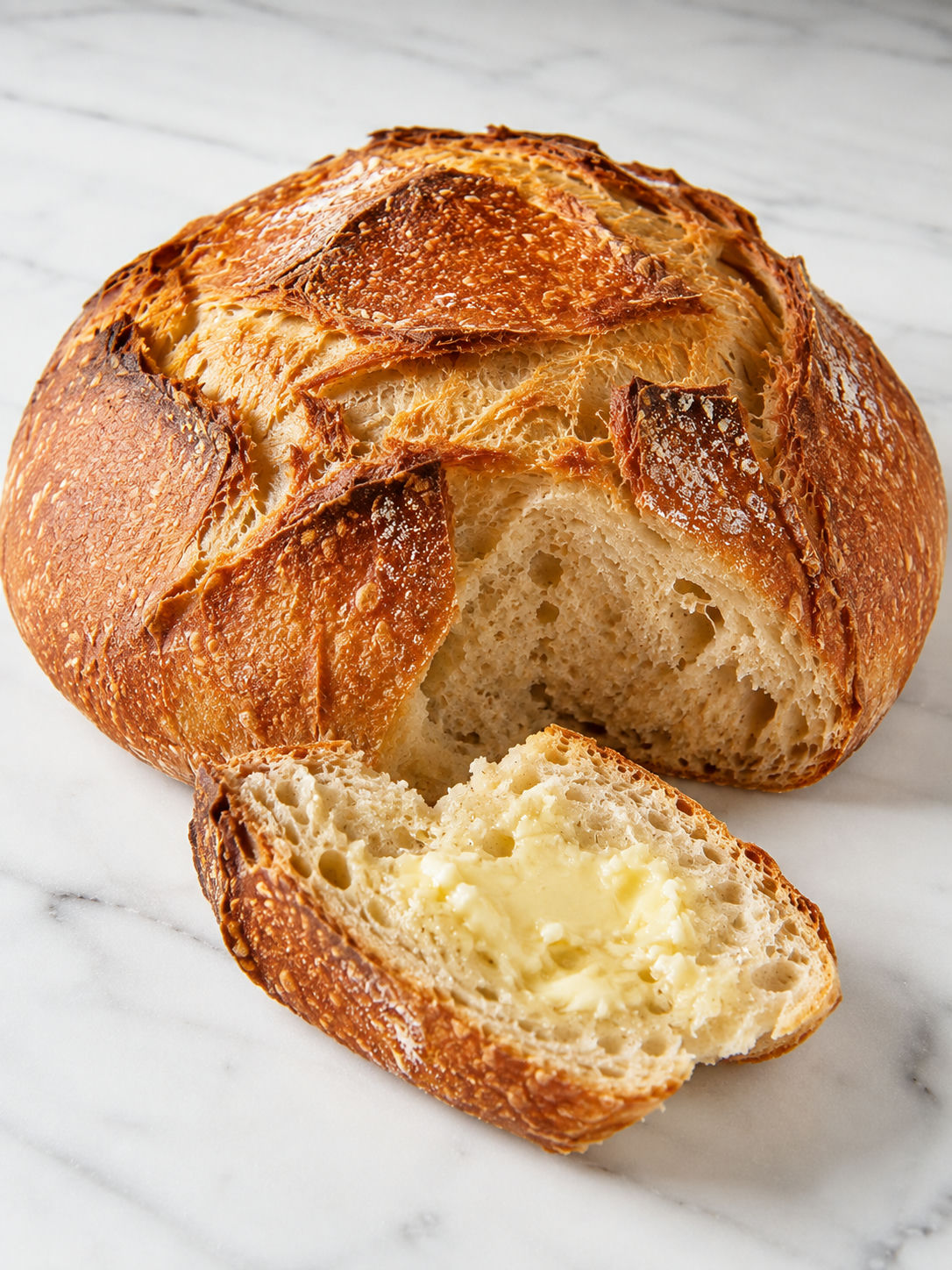 Crusty homemade bread with a buttered slice and soft crumb
