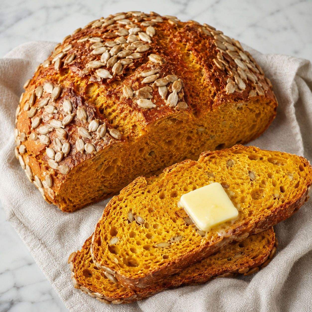 Pumpkin bread with sunflower seeds sliced on a wooden board