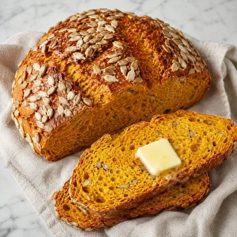 Pumpkin bread with sunflower seeds sliced on a wooden board