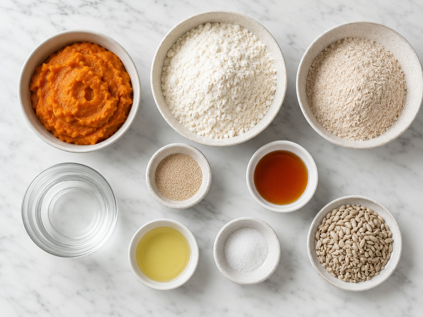 Ingredients for pumpkin sunflower seed bread on a wooden table