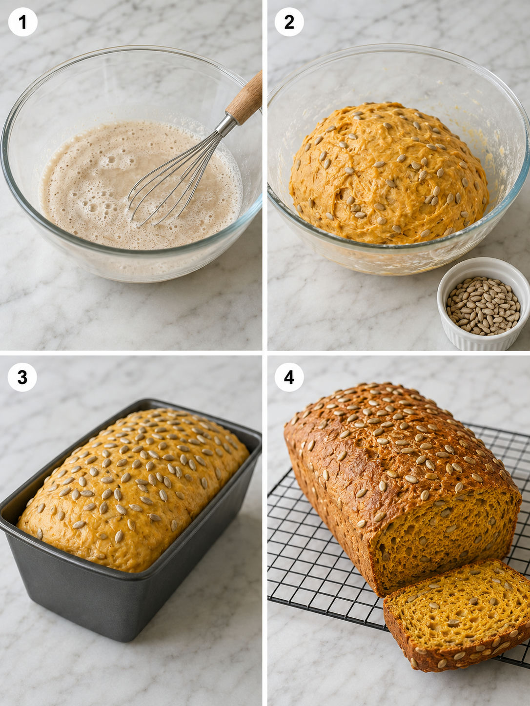 Four steps for making pumpkin sunflower seed bread