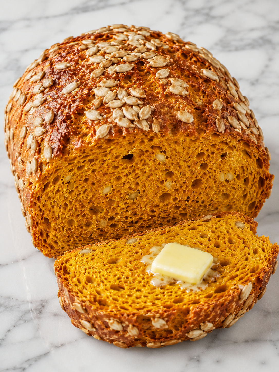 Sliced pumpkin sunflower seed bread with butter on a wooden board