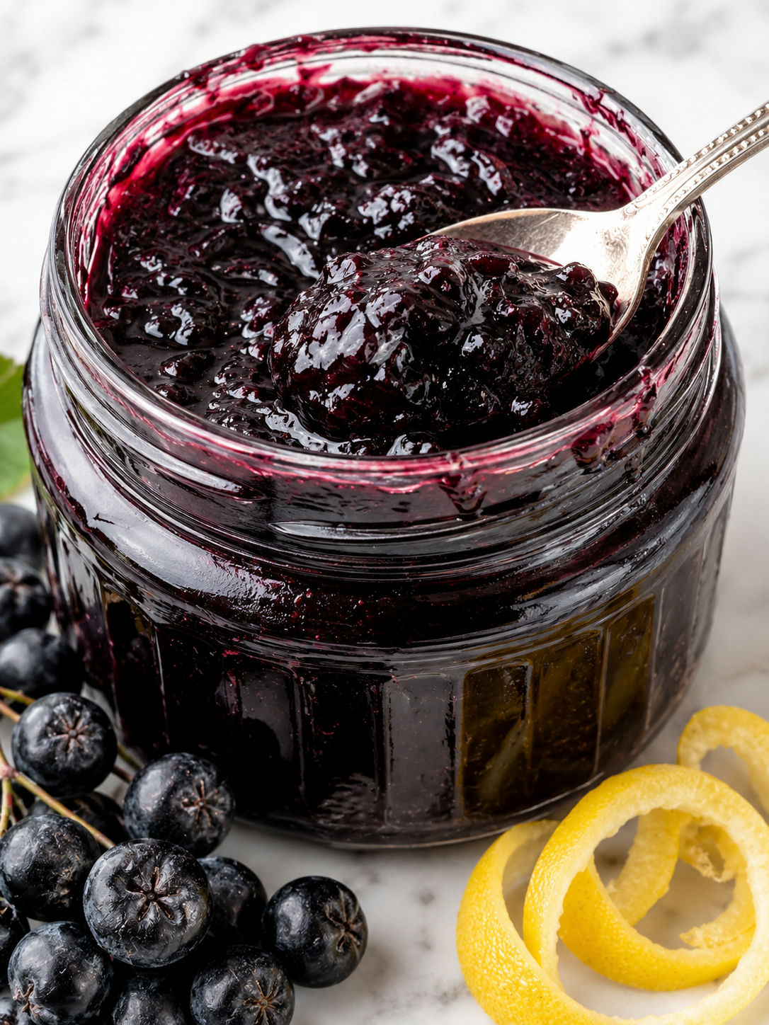 Lśniąca marmellata z aronii w słoiku z łyżeczką i cytryną
