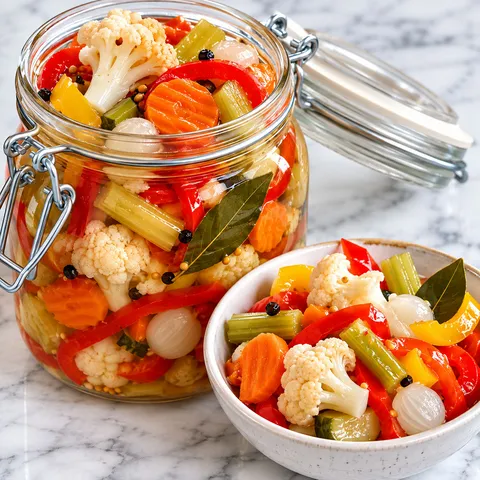 Giardiniera w słoiku z kalafiorem, marchewką, papryką i selerem
