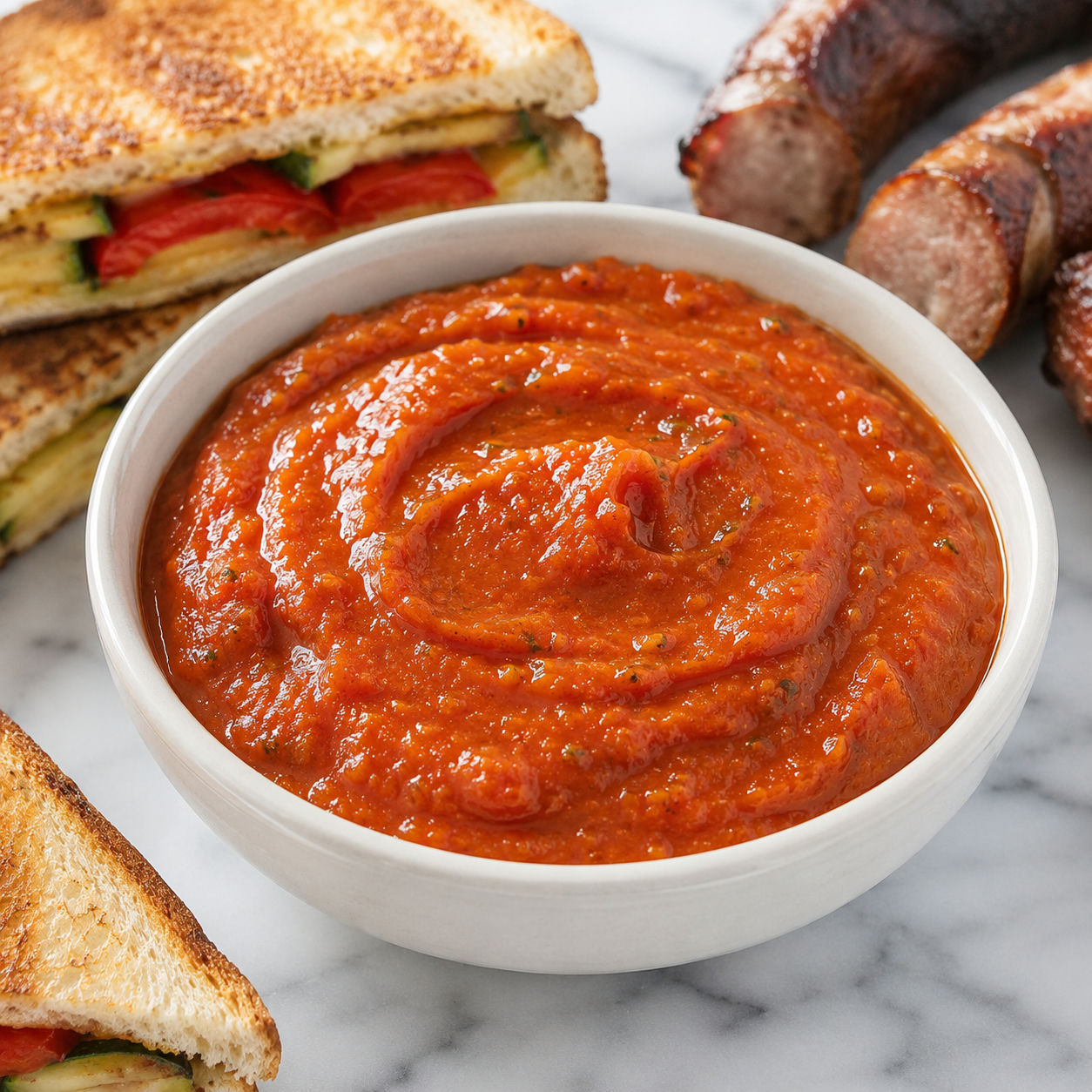 Gęsty ketchup z cukinii w miseczce z kanapką i kiełbasą