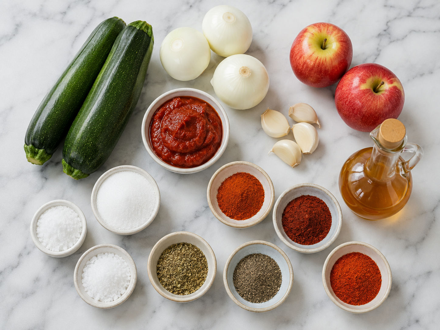 Składniki na ketchup z cukinii z jabłkami i przyprawami