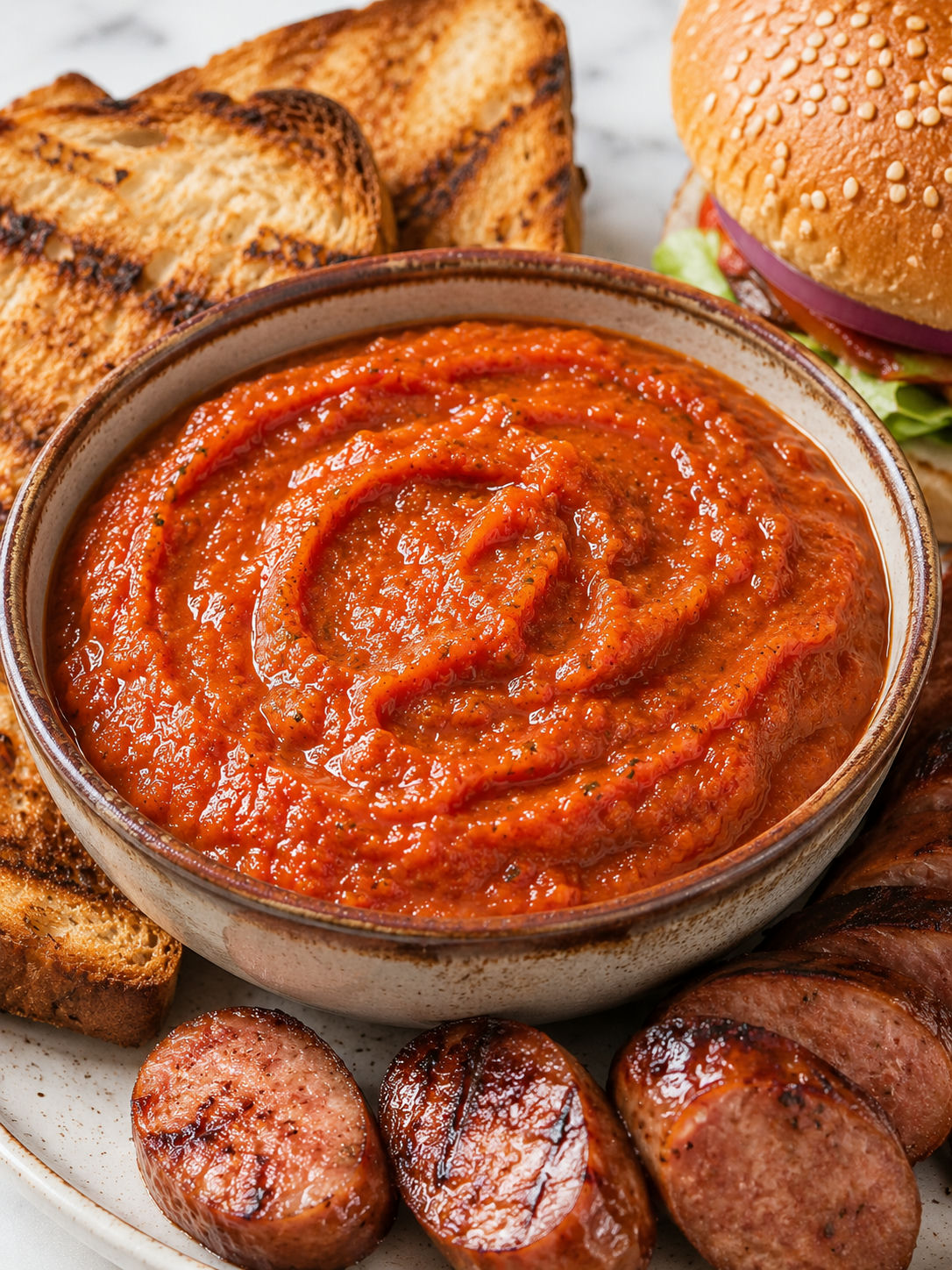 Gęsty ketchup z cukinii z pieczywem i grillowaną kiełbasą