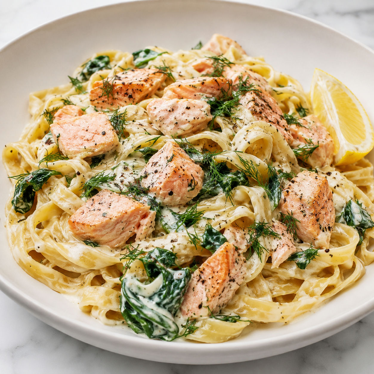 Creamy salmon pasta with dill, spinach, and lemon in a white bowl