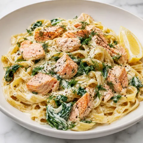 Creamy salmon pasta with dill, spinach, and lemon in a white bowl