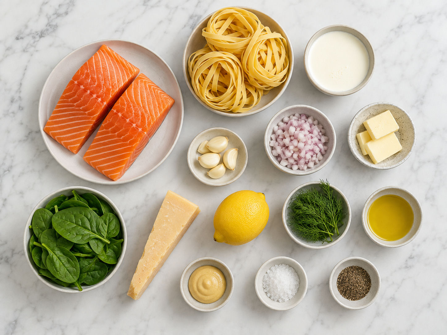 Ingredients for creamy salmon pasta with dill, lemon, spinach, and cream