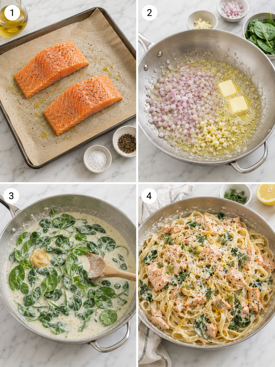 Four cooking steps for creamy salmon pasta with spinach and dill