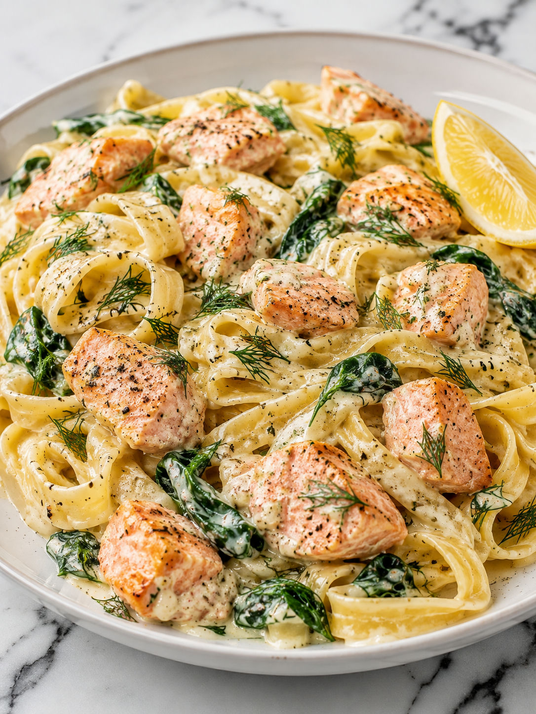 Creamy salmon tagliatelle with spinach, dill, lemon, and glossy sauce