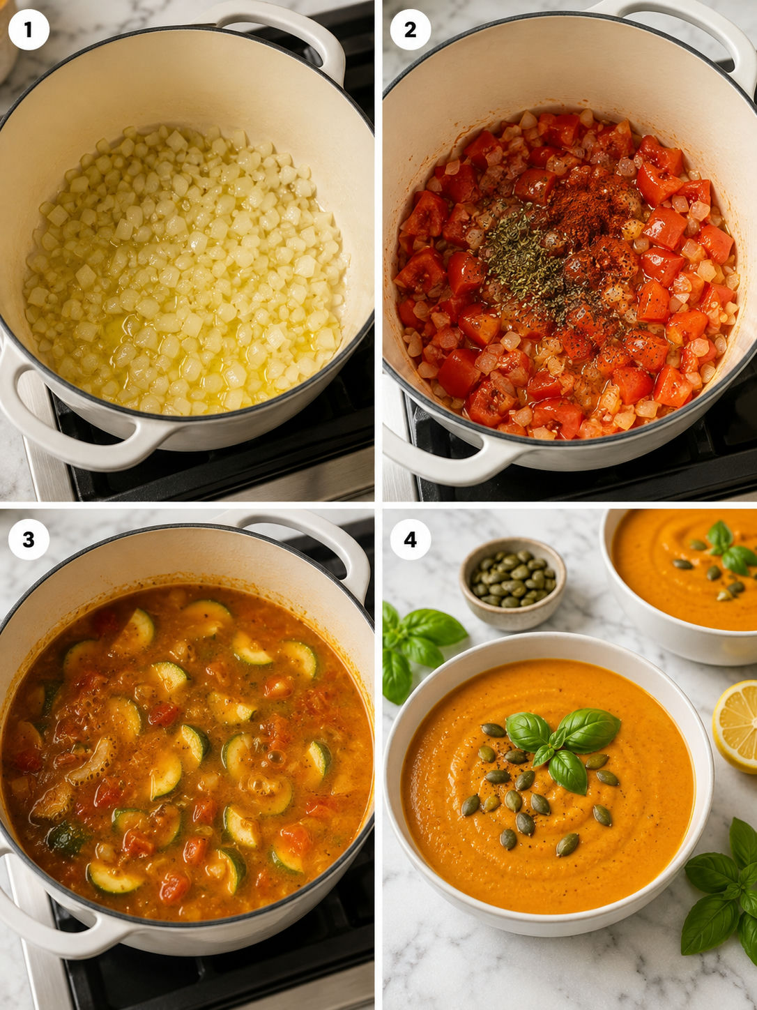 Cztery etapy gotowania zupy krem z cukinii i pomidorów