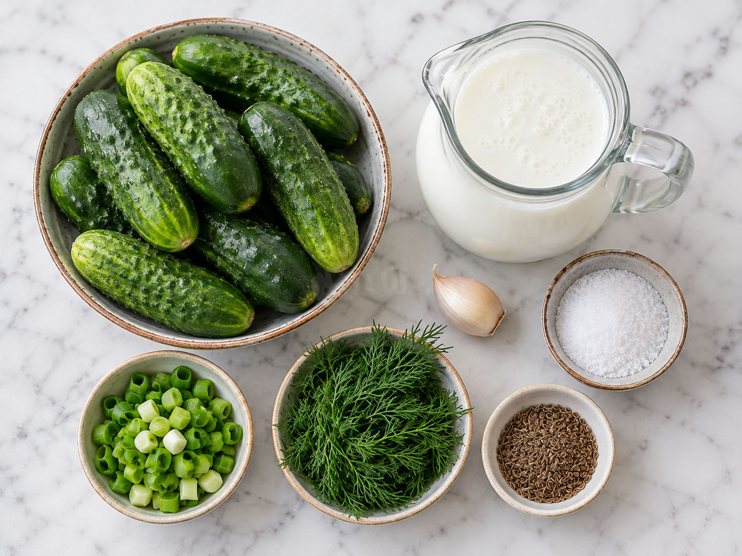 Ogórki gruntowe, kefir, czosnek, koperek, dymka i nasiona kopru