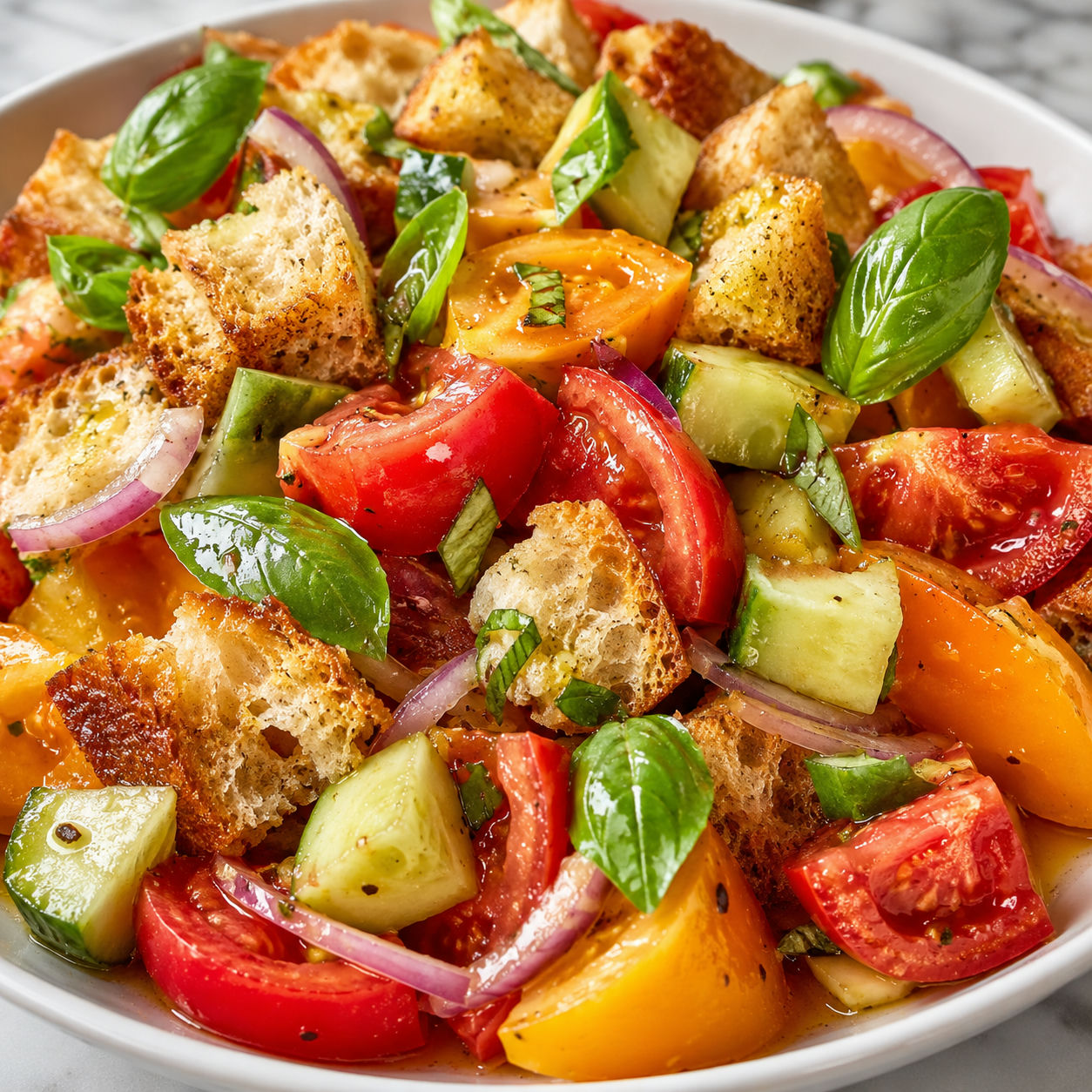 Panzanella z pomidorami, chrupiącym pieczywem, ogórkiem i bazylią