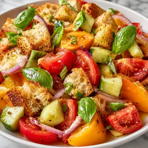 Panzanella z pomidorami, chrupiącym pieczywem, ogórkiem i bazylią