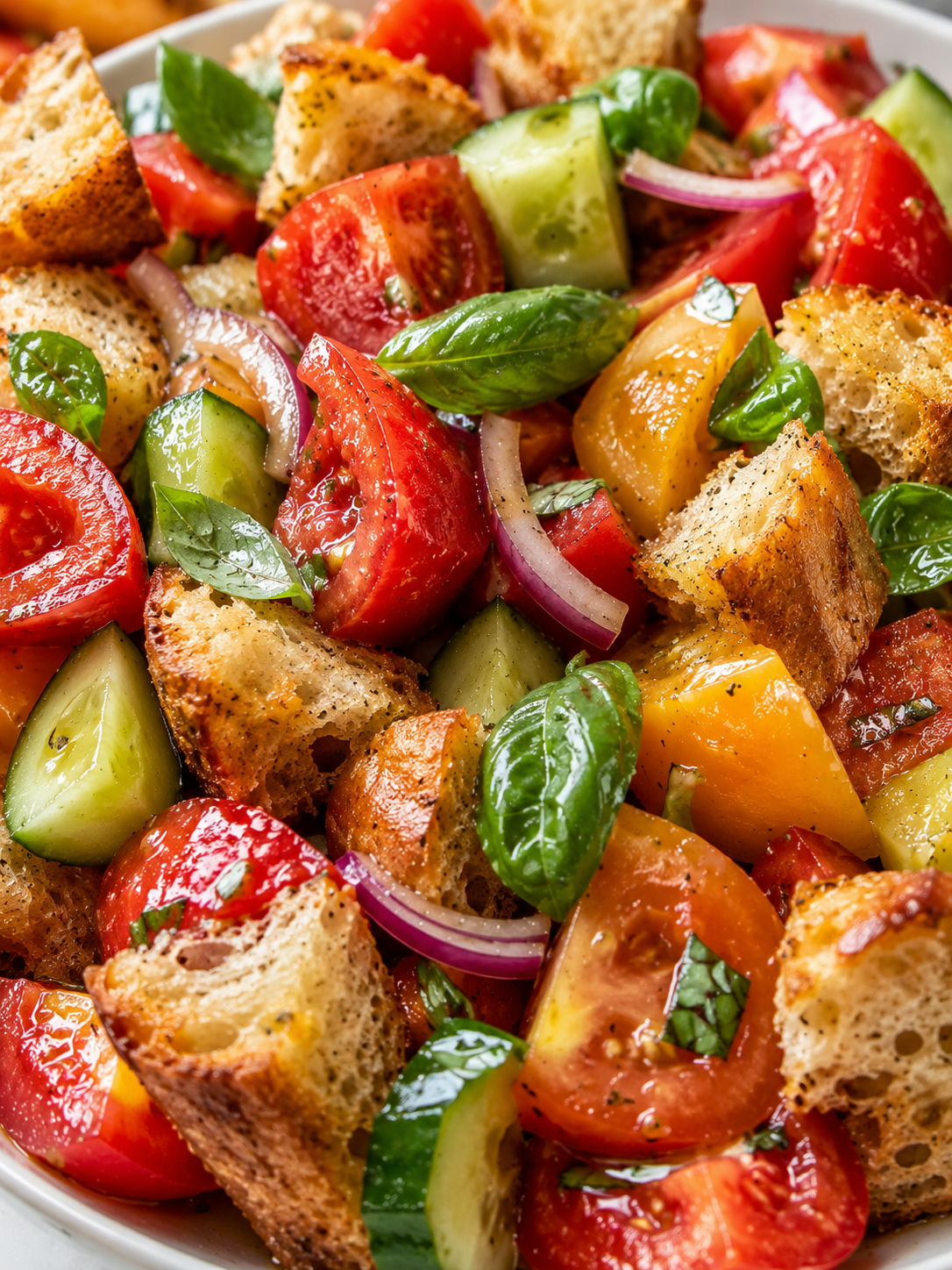 Soczysta panzanella z pomidorami, złotymi grzankami i świeżą bazylią
