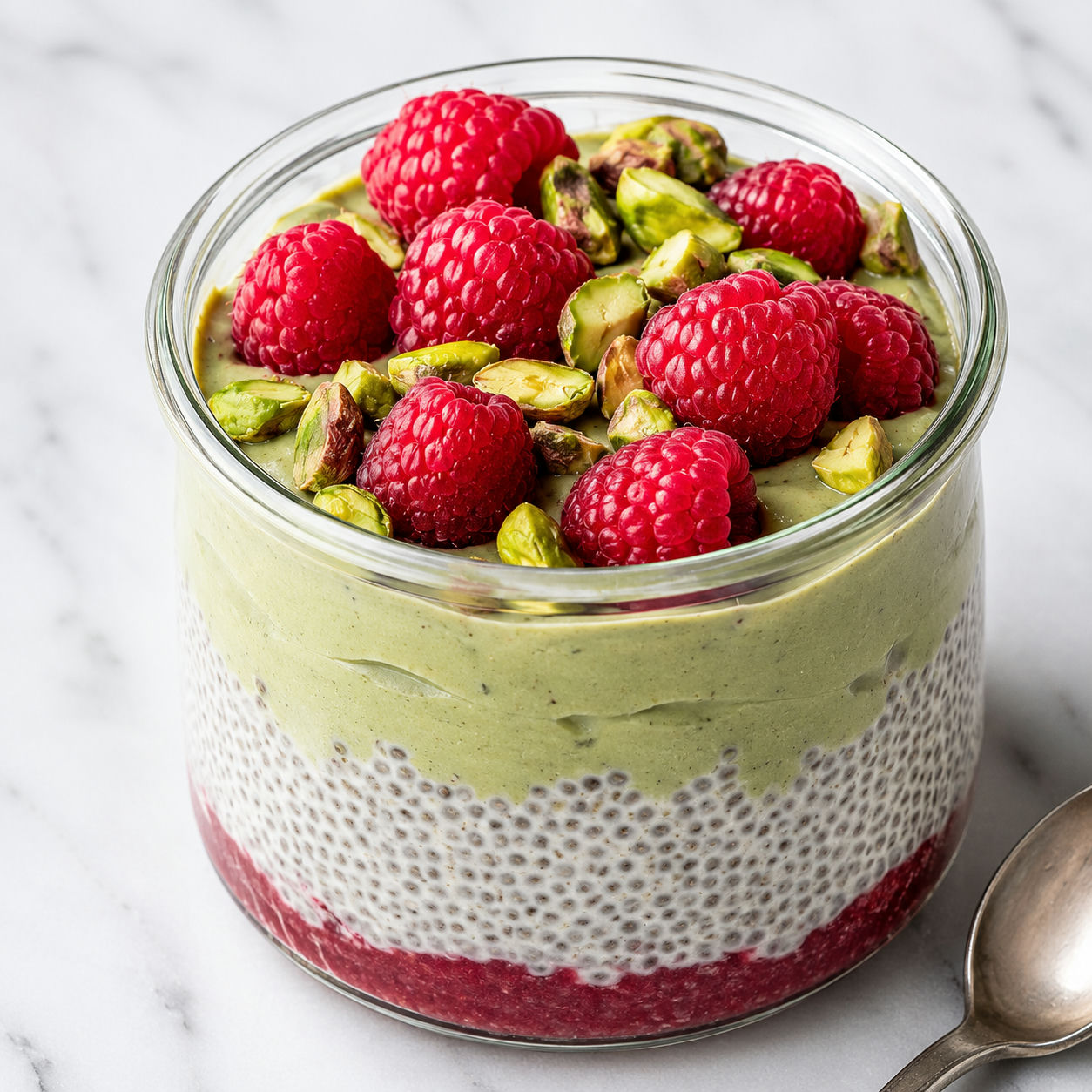 Pistachio raspberry chia dessert in a glass jar with pistachios