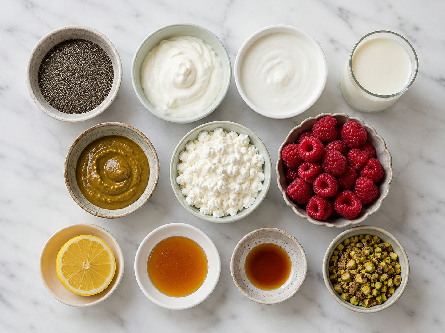Ingredients for pistachio raspberry chia dessert with skyr and berries