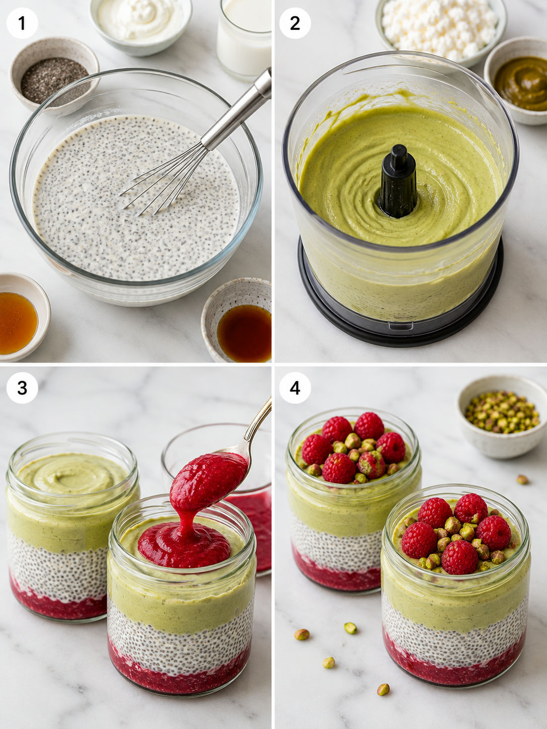 Four steps for making pistachio raspberry chia dessert in jars