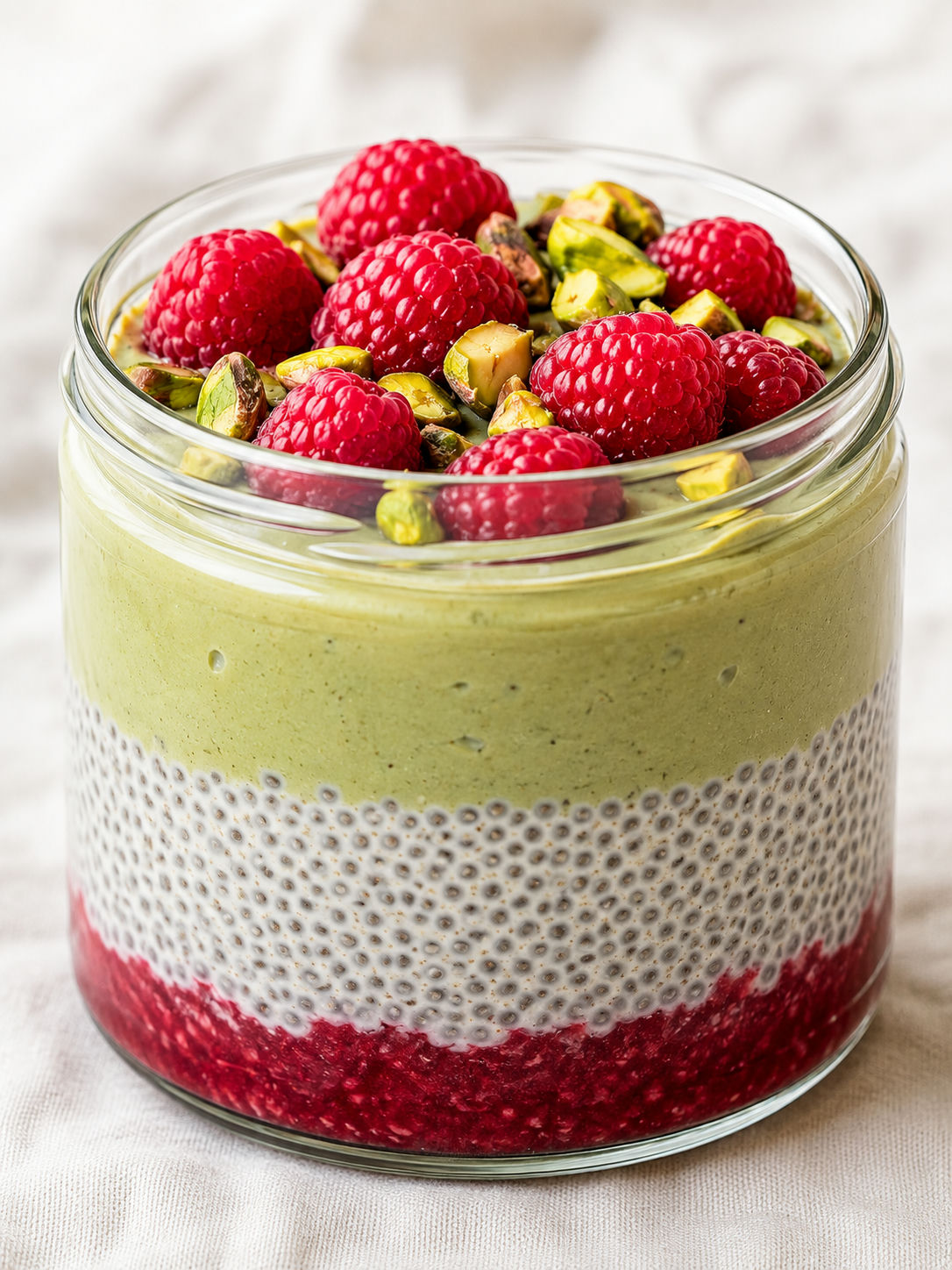 Pistachio raspberry chia dessert jar with fresh berries and nuts