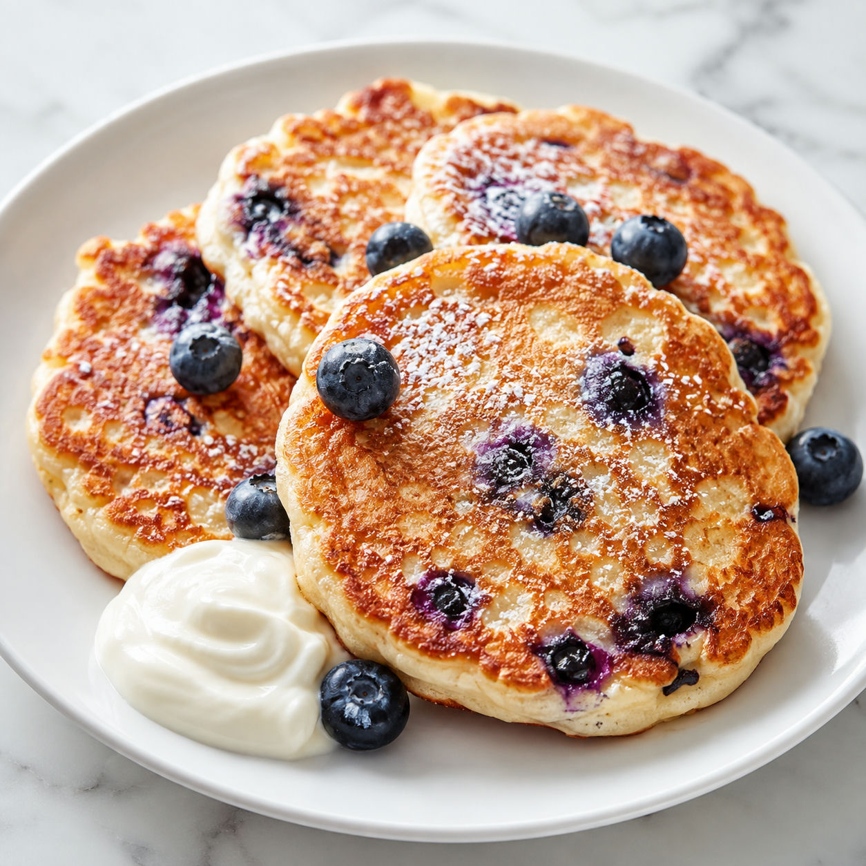 Placki twarogowe with blueberries, sour cream, and powdered sugar