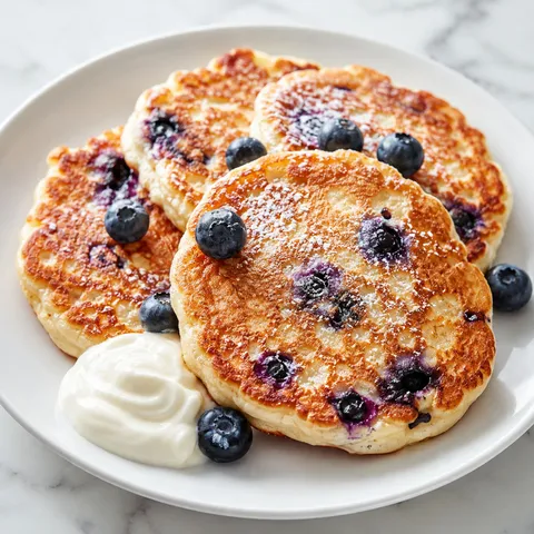 Placki twarogowe with blueberries, sour cream, and powdered sugar