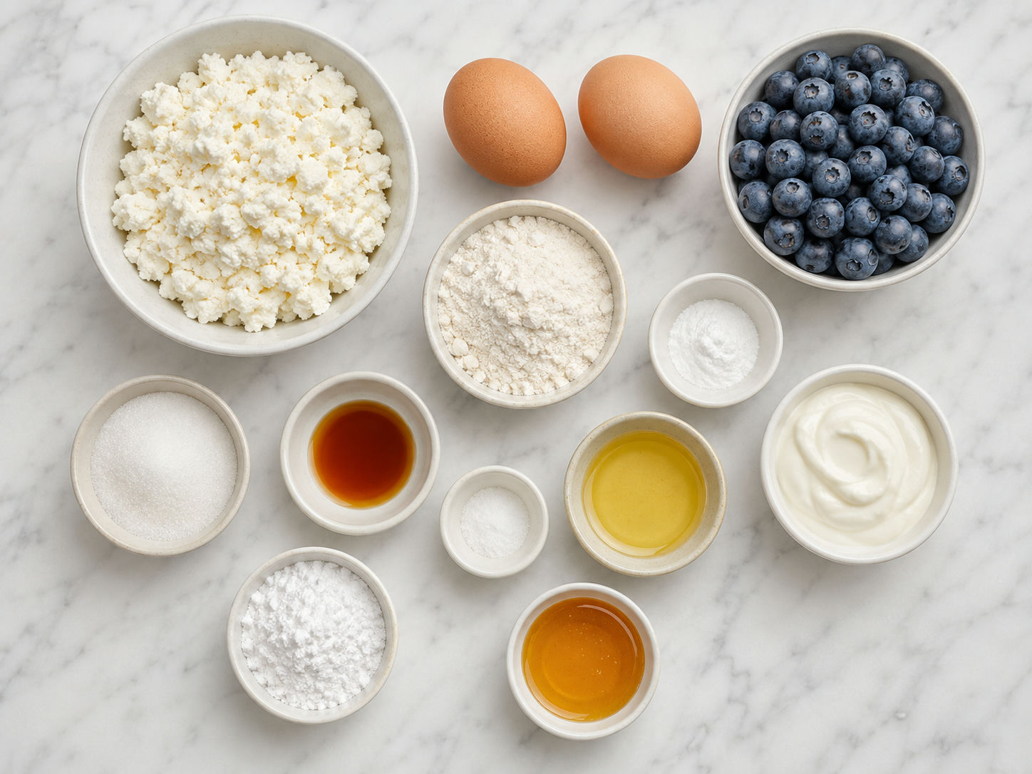 Ingredients for twaróg pancakes with blueberries on a wooden surface