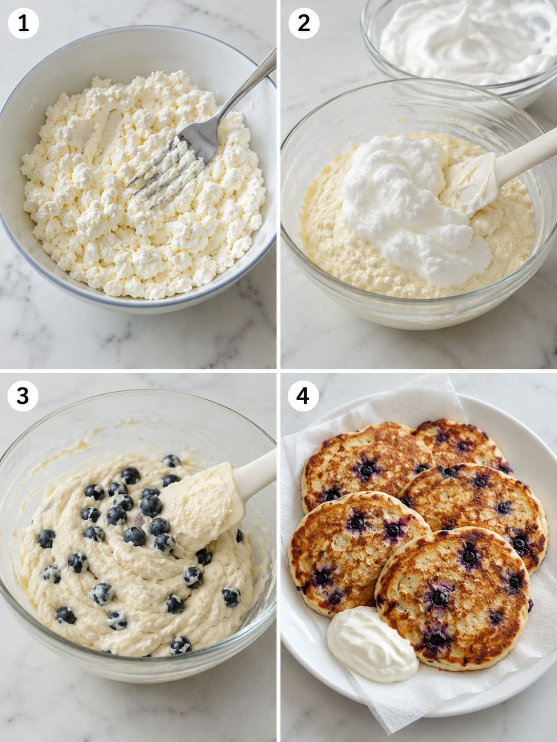 Four steps for making twaróg pancakes with blueberries