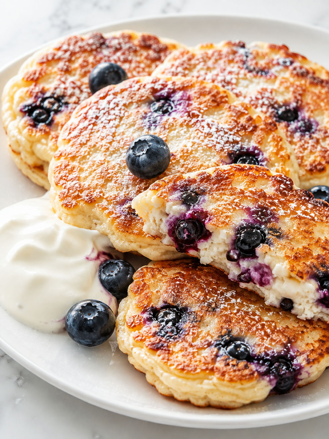 Golden twaróg blueberry pancakes with sour cream and powdered sugar