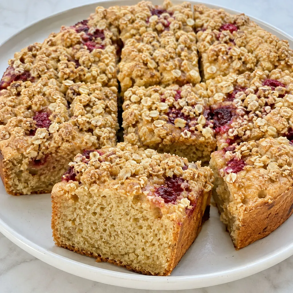 Vanilla protein oat cake squares with raspberries and cinnamon oat topping
