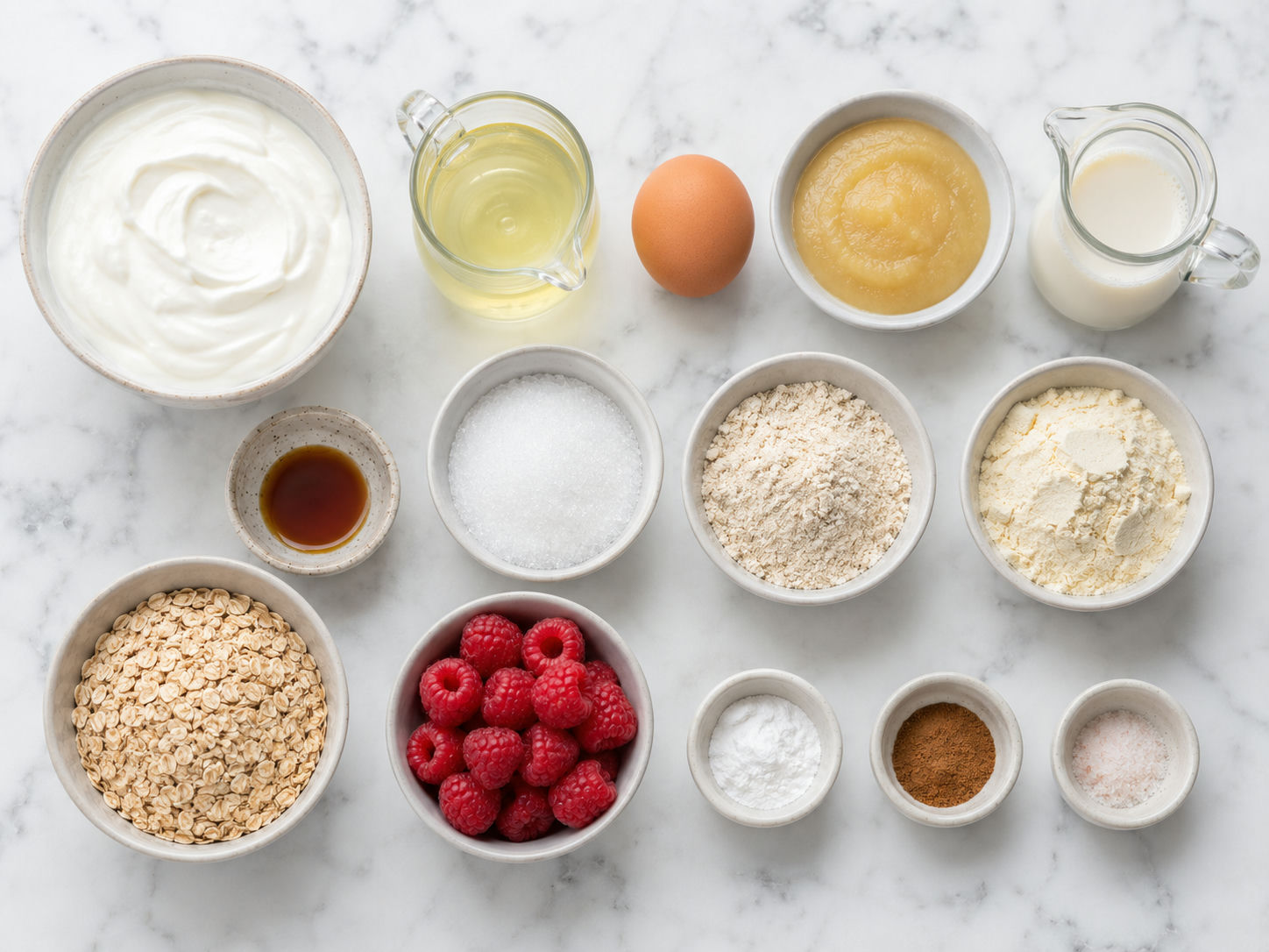 Ingredients for vanilla protein oat cake with skyr, oats, and raspberries