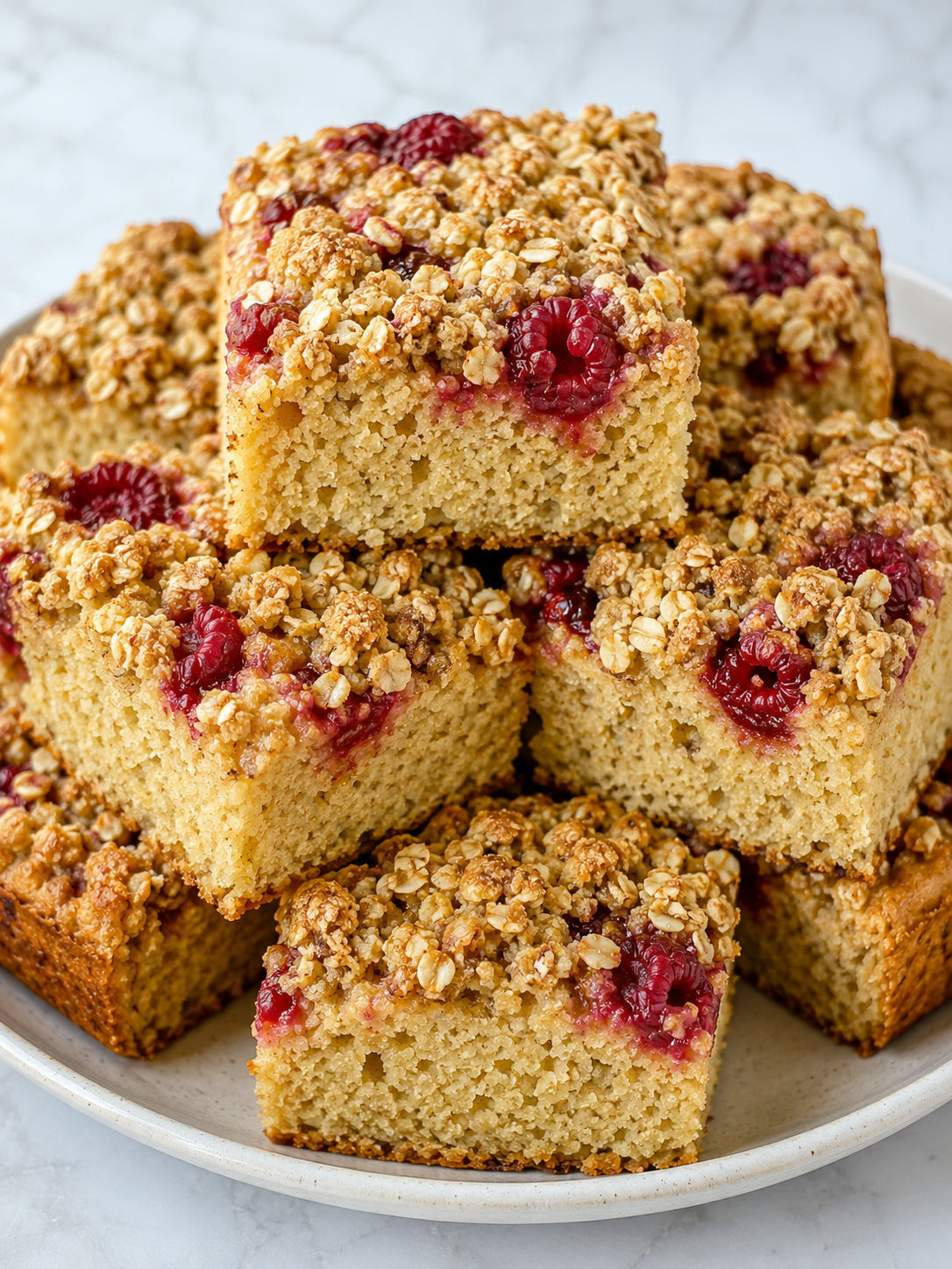 Stacked vanilla protein oat cake squares with raspberries and oat crumble