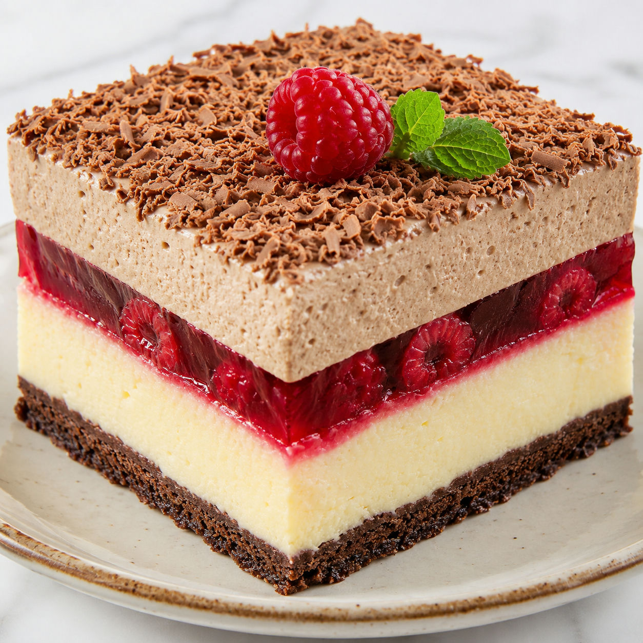Kostka serowo-malinowej delicji z cappuccino z czekoladą