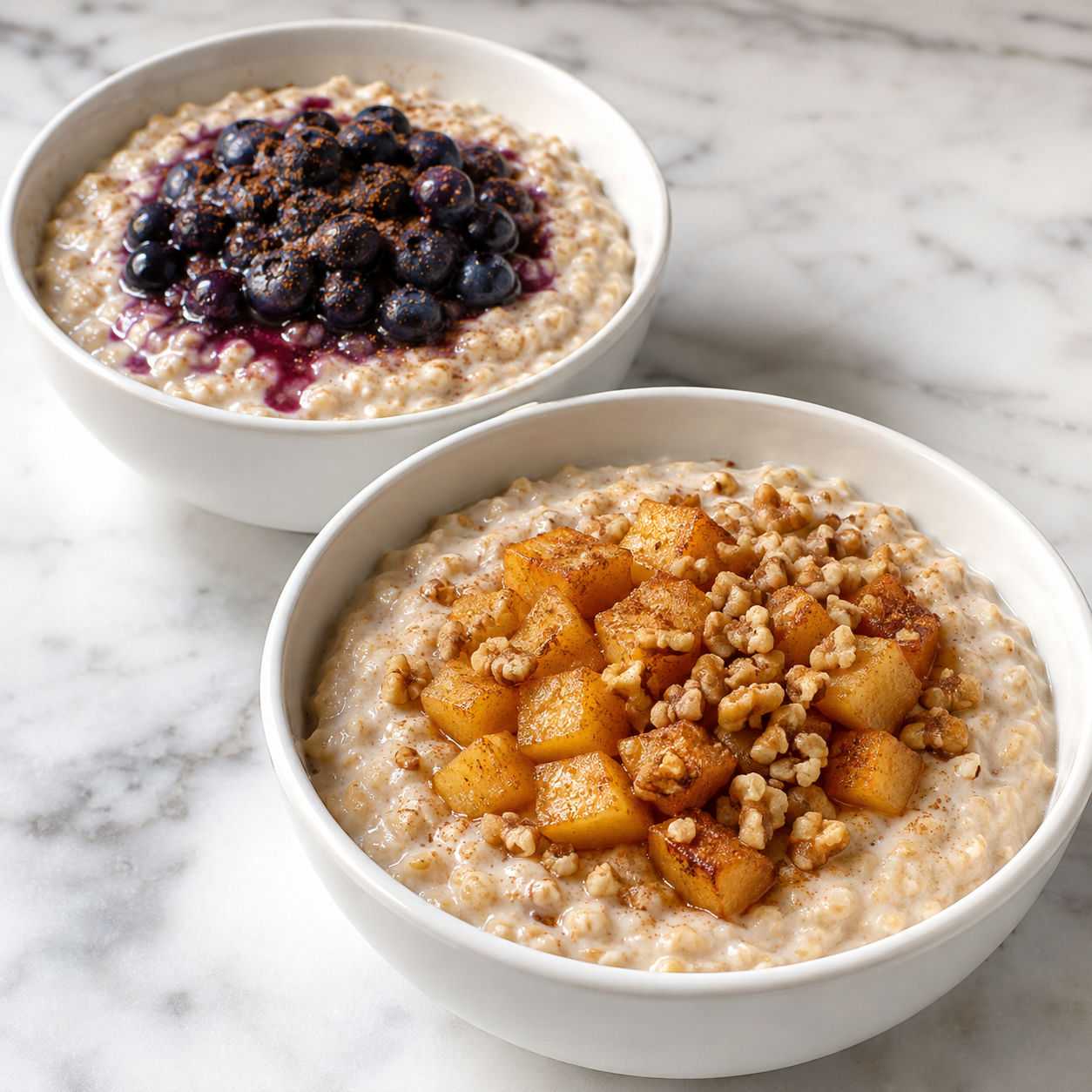 Two oatmeal bowls with cinnamon apples, blueberries, yogurt, and nuts