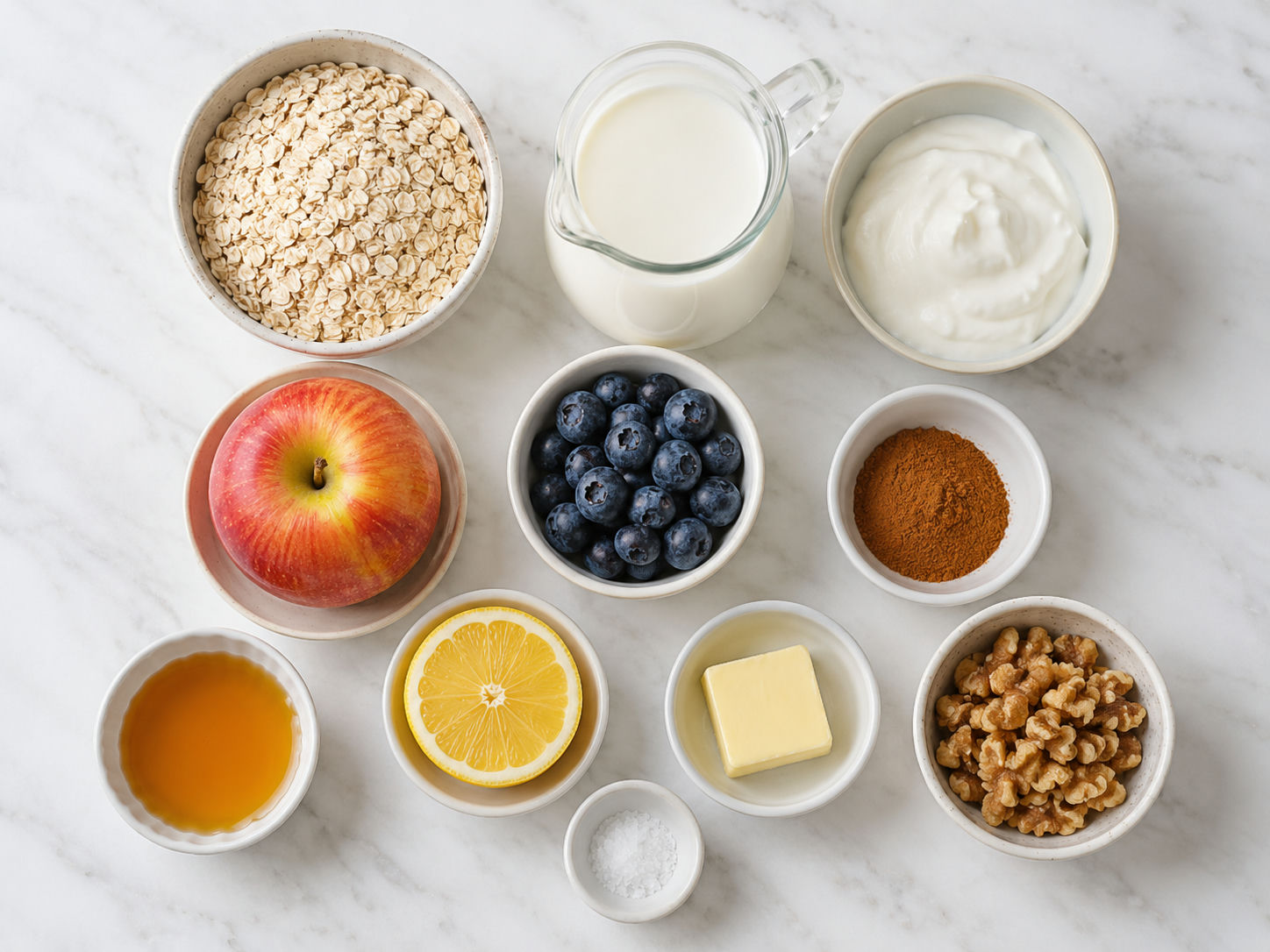 Oats, apple, blueberries, yogurt, cinnamon, honey, lemon, and walnuts