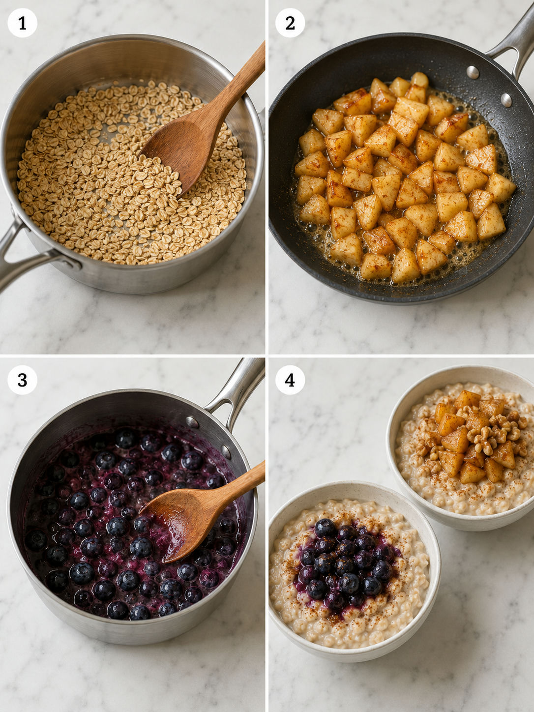 Four cooking steps for oatmeal bowls with apples and blueberries