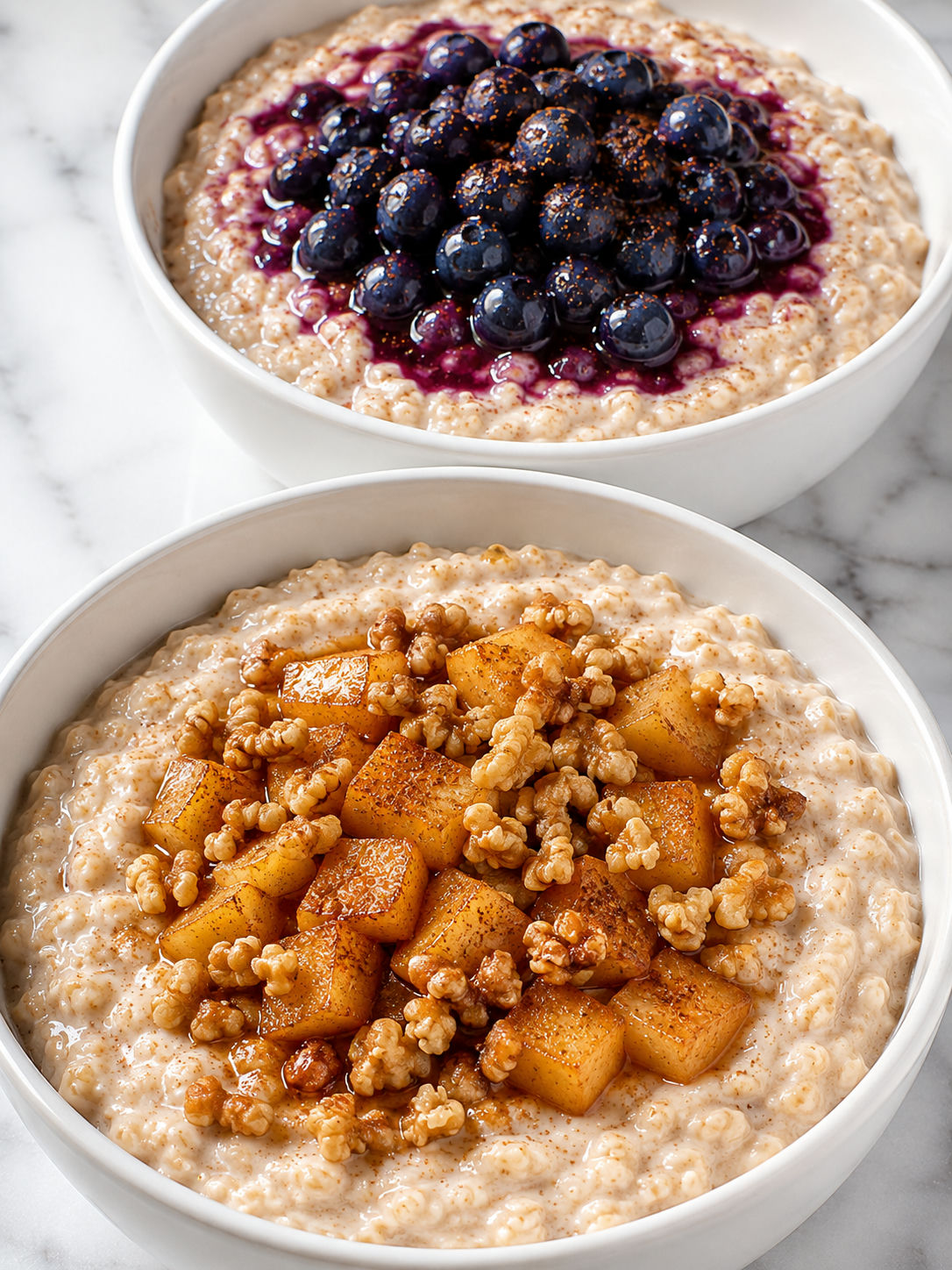Two creamy oatmeal bowls topped with cinnamon apples and blueberries