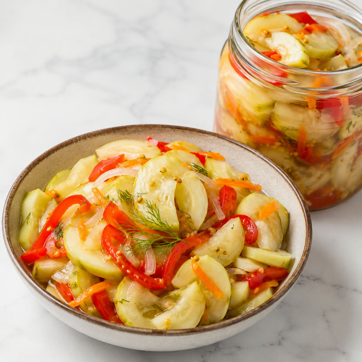 Pickled zucchini salad with peppers, carrots, onion, and dill in a bowl