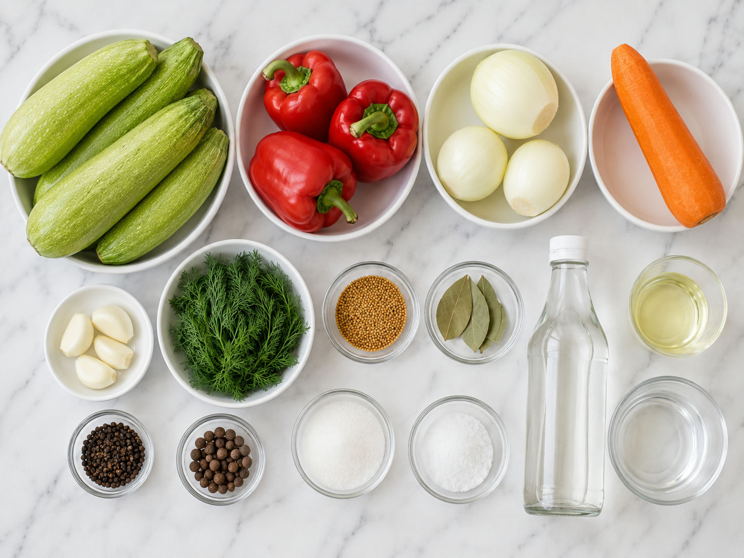 Raw zucchini, peppers, carrots, onions, dill, vinegar, and spices for jar salad