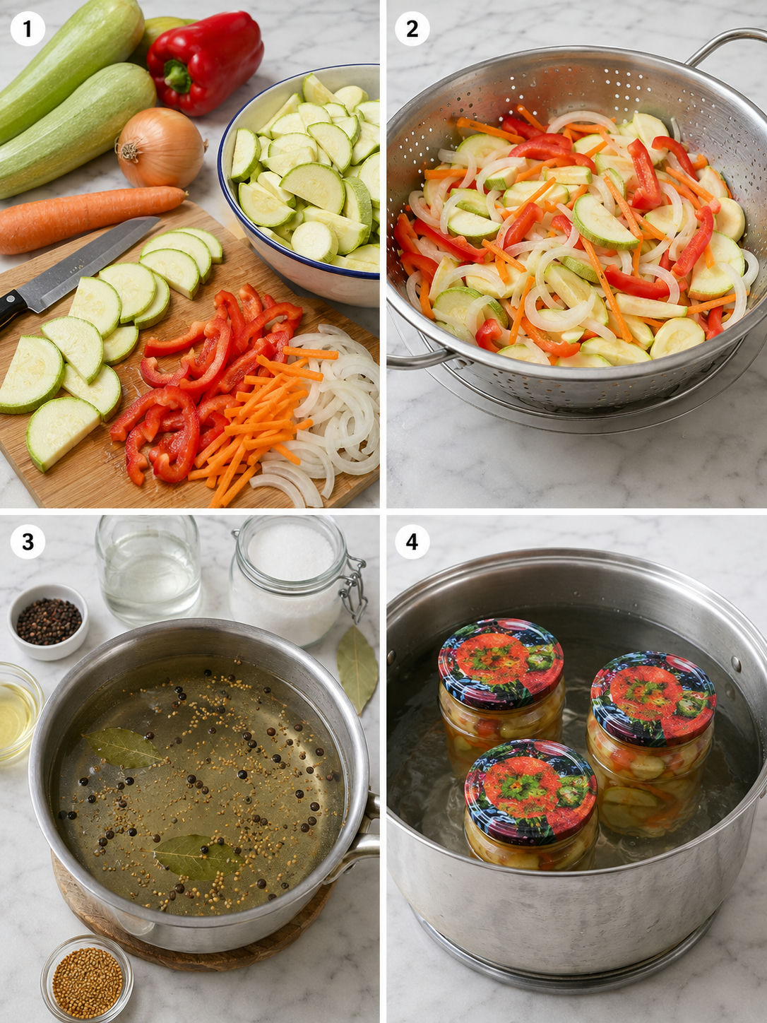 Four steps for making zucchini salad jars from salting to packing