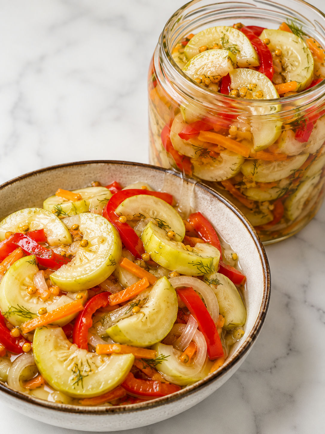 Colorful pickled zucchini salad with peppers and dill packed in a glass jar