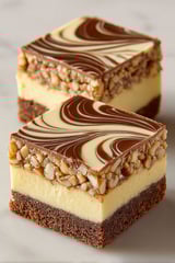 A slice of cake with chocolate and nuts.