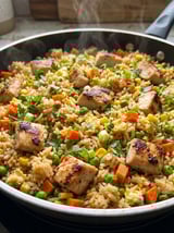 A pan of rice with meat and vegetables.