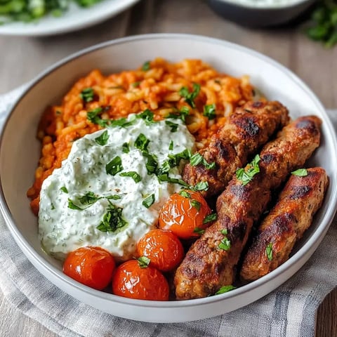 Miska z grillowanymi wegańskimi koftami, podsmażanym ryżem pomidorowym, grillowanymi pomidorami i aksamitnym sosem, przybrana kolendrą.