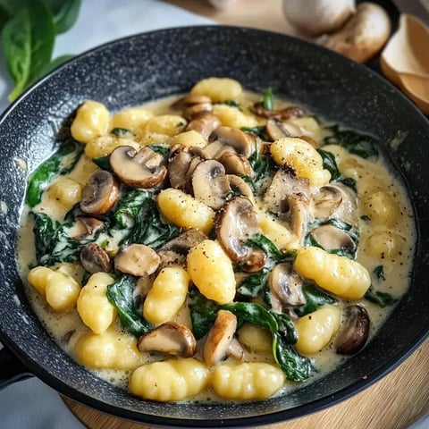 Talerz gnocchi w aksamitnym sosie, z dodatkiem pieczarek i szpinaku.