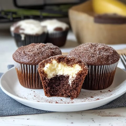 Trzy muffinki czekoladowe, z których jeden został przekrojony, ukazując jasne nadzienie, leżą na białym talerzu.