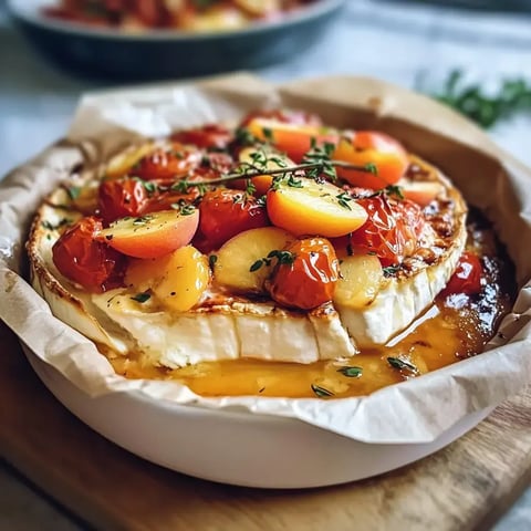 Aromatyczny pieczony camembert z słodkimi pomidorami, owocami i świeżym tymiankiem, podany w białym naczyniu na pieczenie.