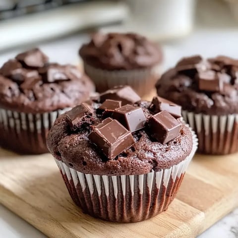 Trzy muffinki czekoladowe z kawałkami czekolady na drewnianej desce.